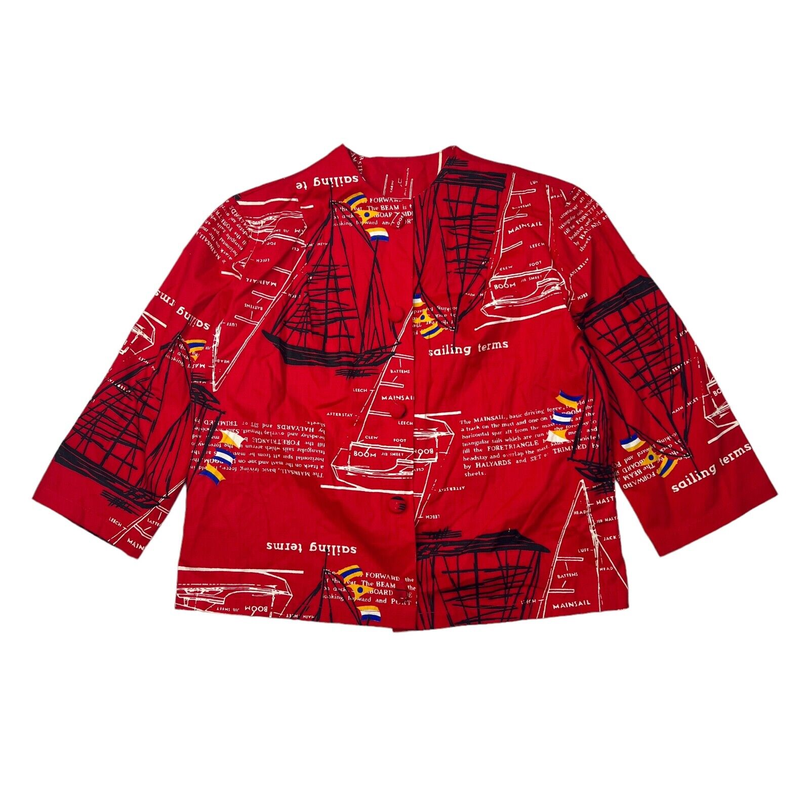 Vintage 1960s Sailing Aop Button Up Crewneck Jacket Top Union Made Red Womens 36